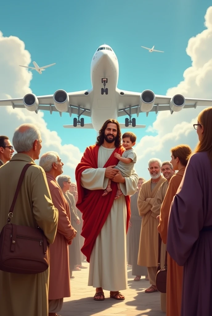Jesus receiving a line of people leaving a plane , in this line Oh child,ELDERLY, adults women and men , They are arriving in the heavenly city very happy and there is a very large plane behind them and Jesus is holding a child in his arms, the sky is very blue and everyone there is happy including Jesus