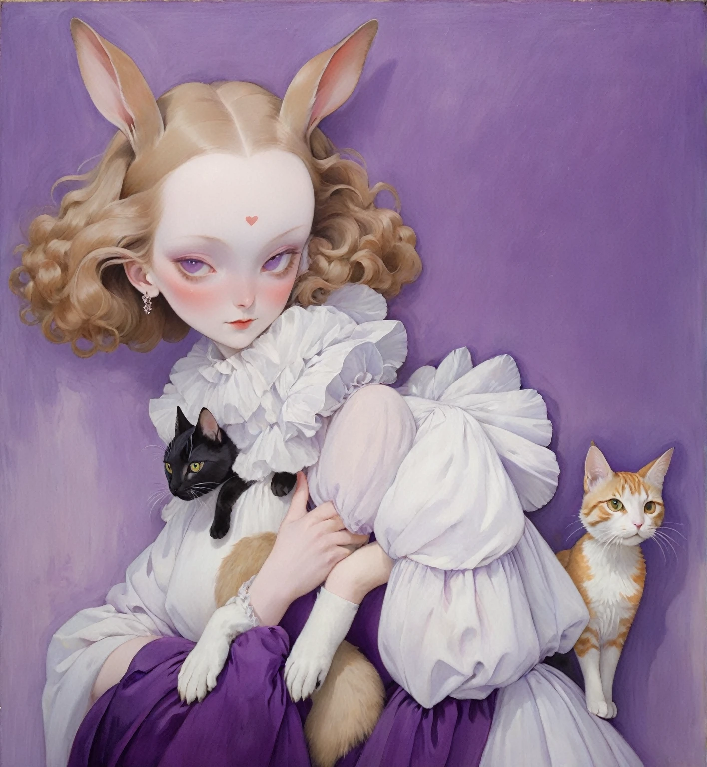 painting of a woman with a rabbit and a cat in a purple dress, inspired by Federico Barocci, inspired by Leonor Fini, inspired by Marie Laurencin, girl and a goat, inspired by Andrea del Sarto, inspired by Eleanor Fortescue-Brickdale, inspired by Sofonisba Anguissola, inspired by Edmund Blampied
