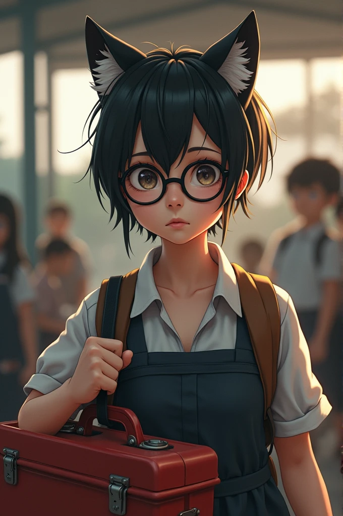 A school girl with wolf cut with glasses carrying a tool box