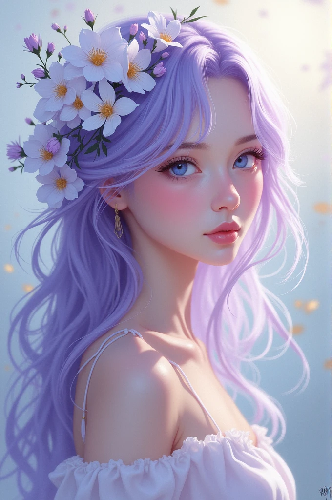 Light purple hair White beauty blue eyes Long Hair Dress up Flowers on head