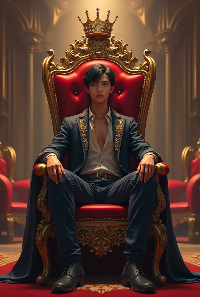 Creat realastic image 19nyear boy sitting on king chair with attitude with king position tajnonnhis head and write name at back side in shiny word name is 'manay'