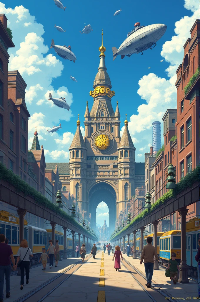 A big city with airships in the sky, trains on the lines, a busy traffic, sidewalks with pedestrians, small shops, a river cutting through the city, and a building that looks like a train station with a sign that says F.c.R, with a golden hexagon logo. In steampunk anime style