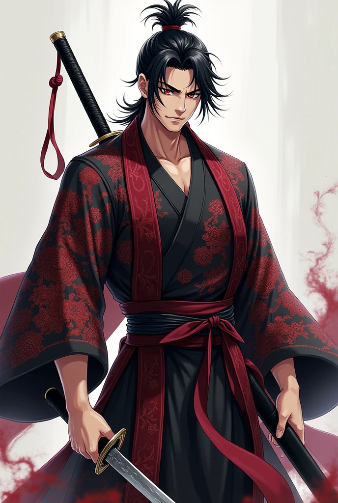 Create a This athletic male character of 2.30 meters dark-haired man has a striking presence holding a sword. Her black hair is tied in a high bun, with loose strands falling softly around her face, accentuating his sharp features. Their eyes, penetrating and red in color, convey an intense and calculating look, implying that he is someone with great power and a strategic mind.He wears an elaborate kimono, adorned with intricate patterns in red, black andwhite, symbolizing a mix of Wano traditions and a dark twist that may hint at its Teach heritage