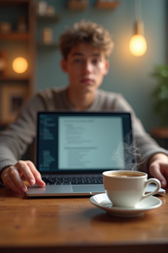 First person view of laptop
table with cup of tea in one hand of boy