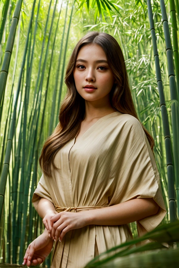 A beautiful young girl, detailed face, long eyelashes, elegant expression, standing in a bamboo forest, detailed bamboo leaves and branches, sunlight streaming through the forest, serene and peaceful atmosphere, ultra-detailed, realistic, photorealistic, masterpiece, 8k, high quality, beautiful colors, warm lighting