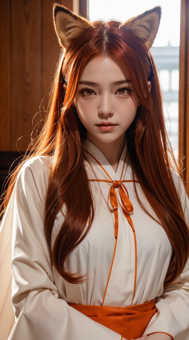 nude、Women,tsurime,Orange eyes,Fox_ear,Foxのしっぽ,red_hair,Low-tied long hair,Hanfu,One boy