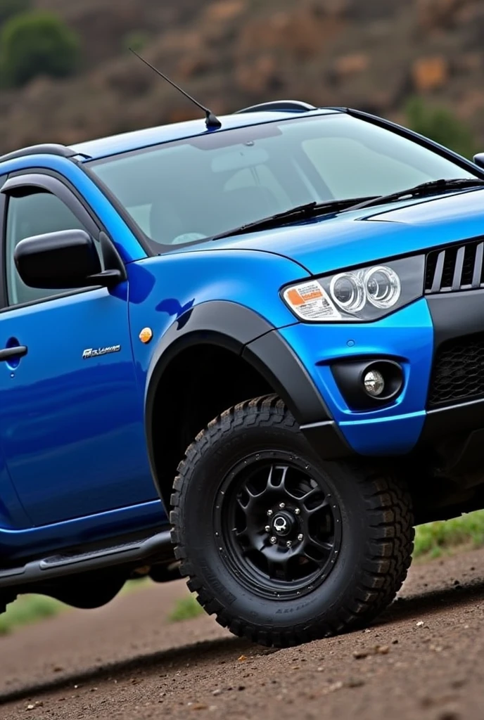  A Mitsubishi L200 pickup truck, year 2004, model 2005, all blue car with black details and a spoiler 

