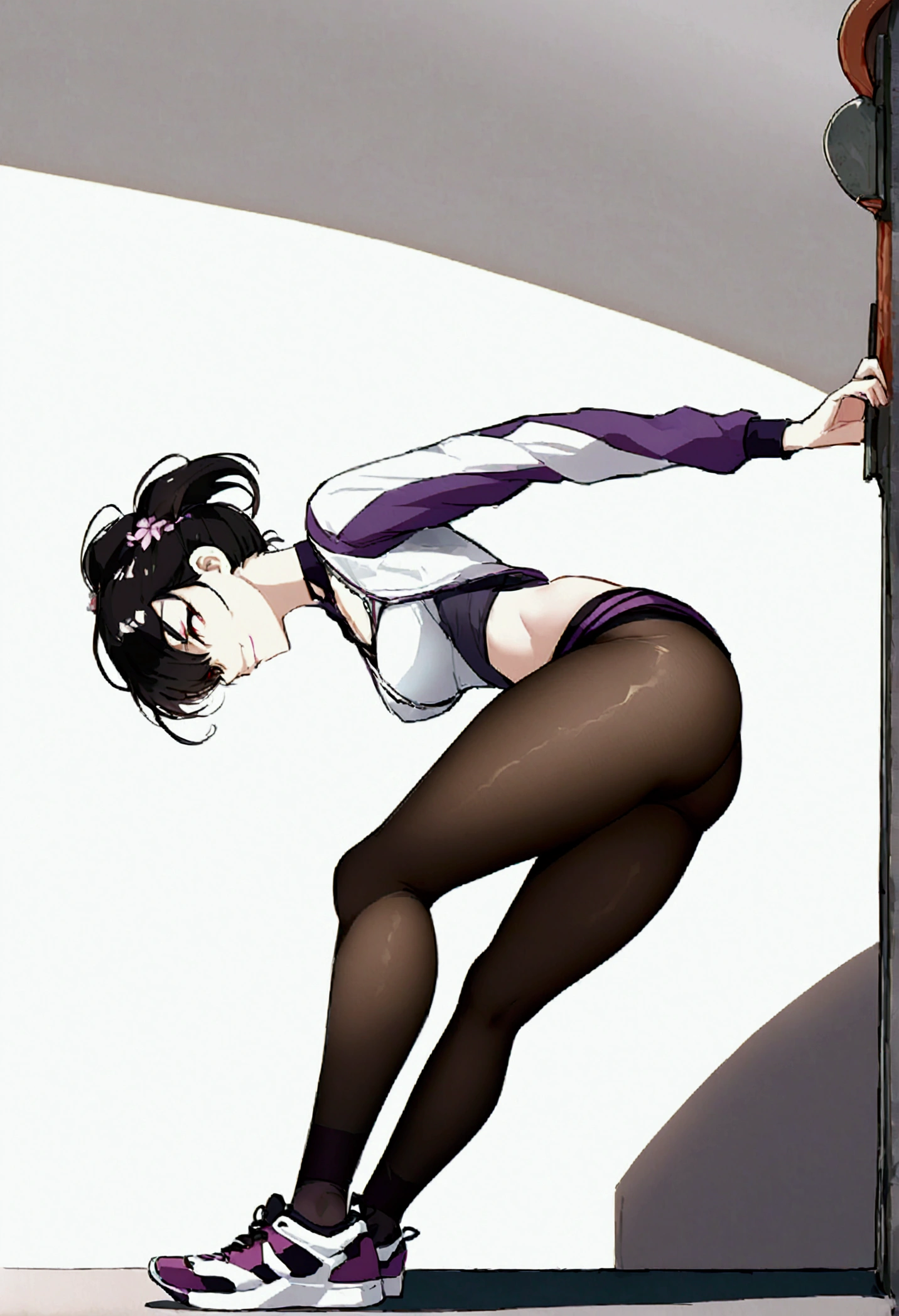 beautiful young fitness woman with , in a gym wearing May with black pantyhose, white and purple tight short gym jacket. standing alone,red eyes glowing,Evil smile,legging preto ,labiaa,dark eye shadow,shining eyes,mao nos joelhoscrouched,neckleace,jacket zipper half open,Tight black shirt,white sports tennis shoes,short hair with purple details,beautiful curves,whole body,hair with purple details,labiaa,detailed face and eyes,work of art,sexy look,crouched,pefil from sideways,from sideways