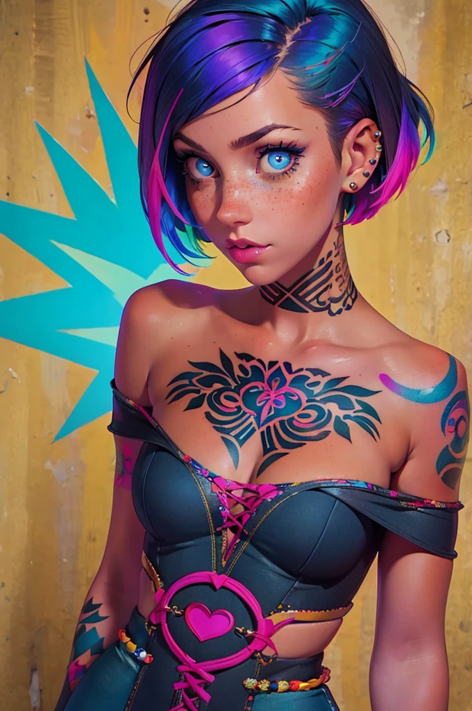 A girl with tattoos and piercings wearing an off-the-shoulder dress, short hair, Colorful Hair, Colorful eyes, Super sharp, close:0.8, freckles:0.8, Face Light, Portraiture
