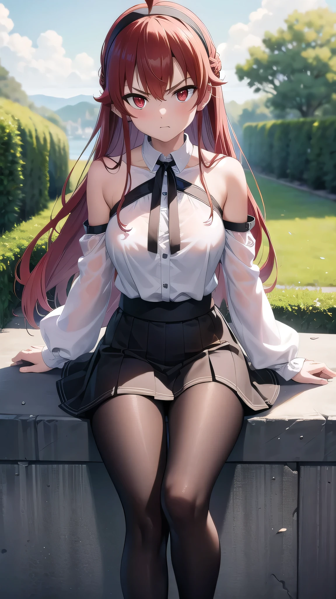 BREAK looking at viewer, BREAK (masterpiece:1.2), best quality, high resolution, unity 8k wallpaper, (illustration:0.8), (beautiful detailed eyes:1.6), extremely detailed face, perfect lighting, extremely detailed CG, (perfect hands, perfect anatomy),outdoor,castle,in middle,road,mansion,nature,eris greyrat, ahoge, hair between eyes, long hair, (red eyes:1.5), red hair, sidelocks, (medium breast:1.2),bare arms, bare shoulders, black hairband, black ribbon, brown skirt, hairband, long sleeves, neck ribbon, pantyhose, ribbon,shoulder cutout, skirt,stockings,cleavege,neckline,nipples see through,nipples,unbuttoned shirt,open shirt,full body,angry face,shy face,showing legs,showing feet,showing bra,showing breasts,showing panties,