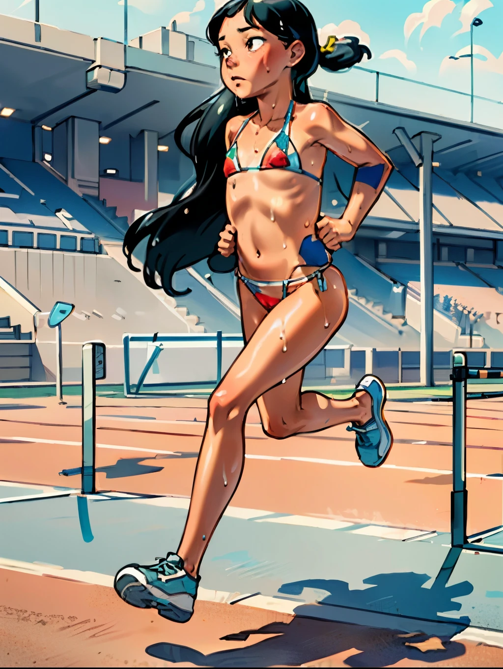 masterpiece, best quality, ultra-detailed, illustration, an extremely delicate and beautiful,high resolution, ultra-detailed, lilo pelekai, tan skin, short stature , micro red bikini, thong , long black hair, detailed eyes, perfect face,slender perfect body, Tight belly,Toned buttocks,Constricted waist, ,(1 girl to running:1.7), ,(1girl to long black hair), (hachimaki), confident daughter, determined,(, micro bikini, thong:1.3),(perky breasts),(flom track and field), ( track and field athlete), (wet:1.2), track and field,stadium,((very wide shot )),(cameltoe),( sweaty skin:1.2)