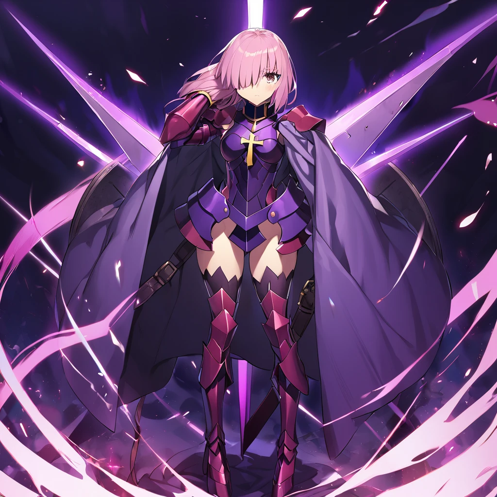 1girl(fate grand order, mash, hiding one eye to hair, pink short hair, deep purple armor, sleeves, long boots), shield(big cross decoration, deep purple)