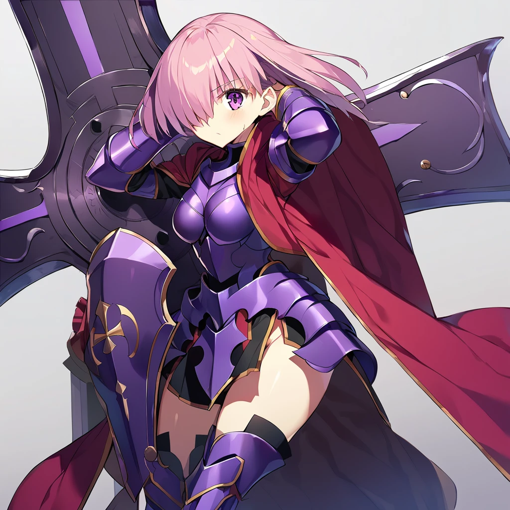 1girl(fate grand order, mash, hiding one eye to hair, pink short hair, deep purple armor, sleeves, long boots), shield(big cross decoration, deep purple)
