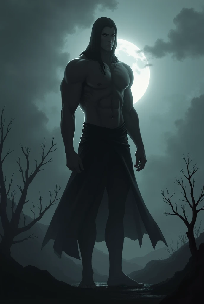 A full-body image of a powerful, stylish, and charismatic character standing confidently. The character has a dark, mysterious vibe with minimal clothing, focusing on the character's form and stance. The character's outfit should be sleek and form-fitting, without unnecessary details, emphasizing simplicity. The camera is positioned in the middle, capturing the character head-on. The background is dark and moody, with ominous clouds and barren trees, creating a nightmar