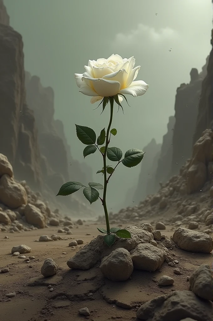 gray-brown sky,
setting sun
rocks on the horizon are not high,
An earthquake and the earth is falling apart,
In front of us is a single white rose with full leaves in the crumbling earth