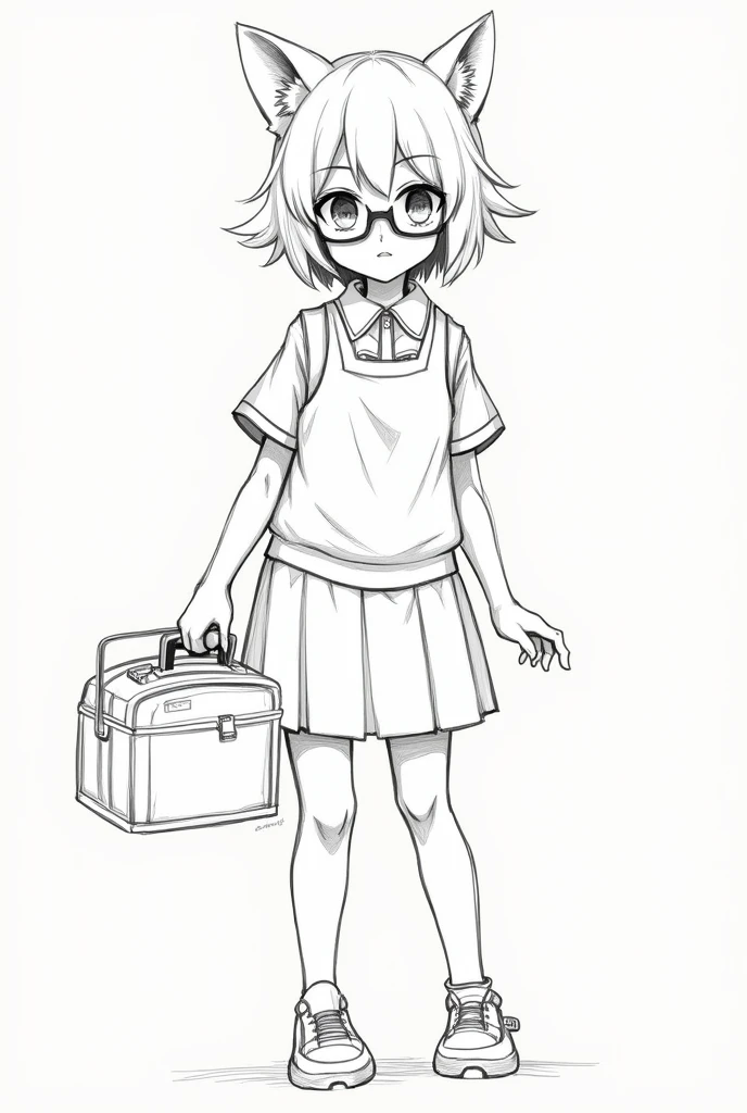 Sketch of A school girl with wolf cut with glasses carrying a tool box