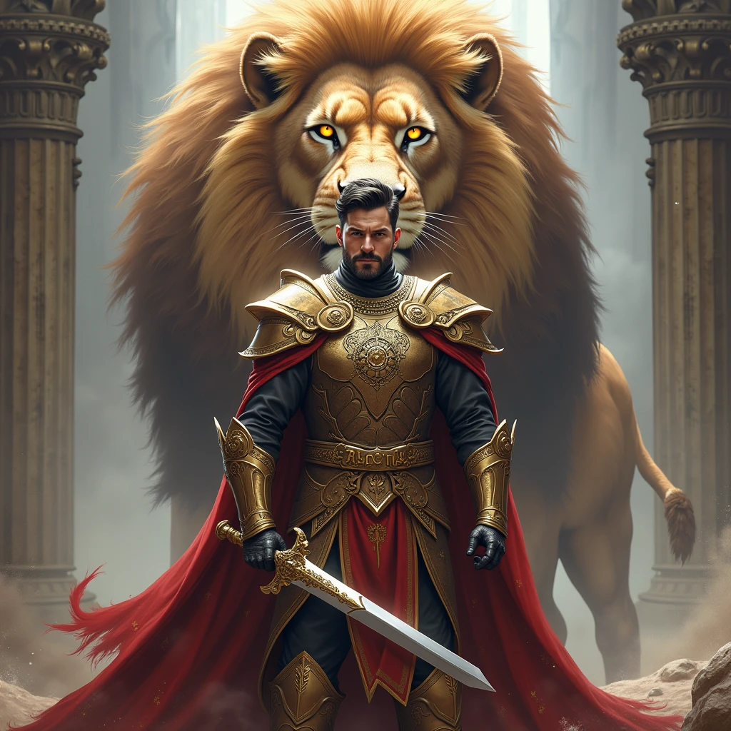 Royal Man with sword and the background is lion with text named Lawrex