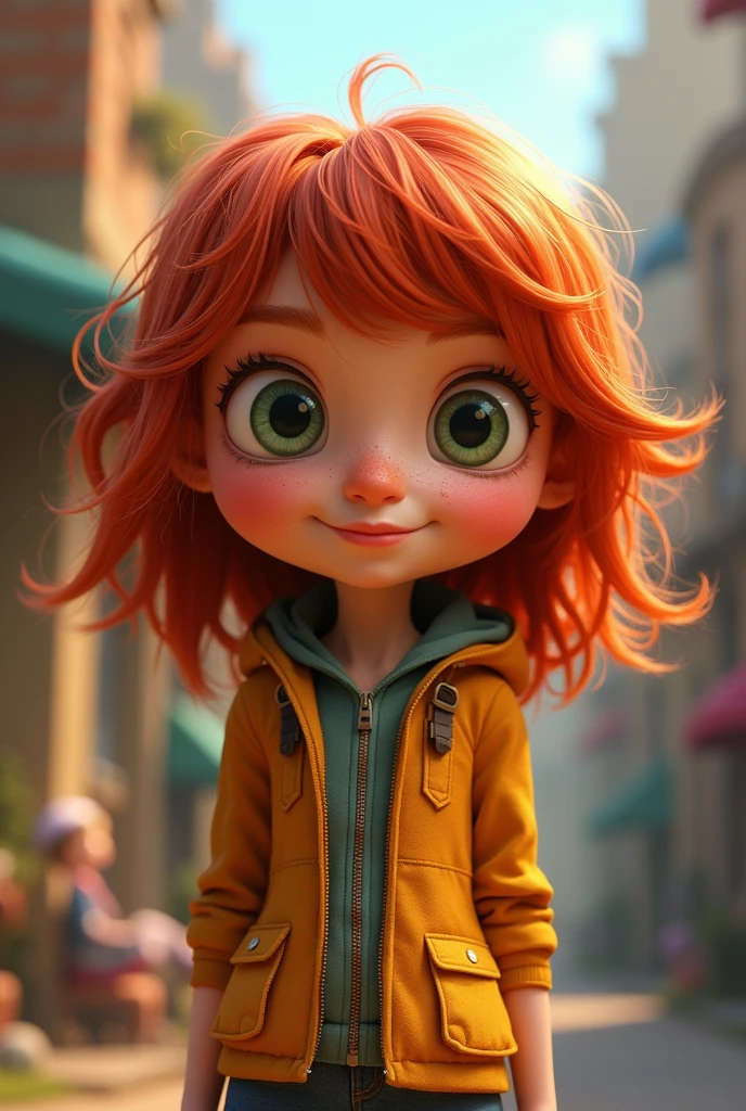 Lucy wilde from despicable me as a 5 year old girl
(Middle to long slightly curly red hair. Green eyes and slight freckles. Very big slight spiky nose.)