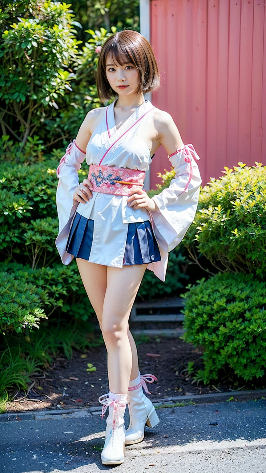 (8k、RAW Photos、Highest quality、masterpiece:1.2)、(Realistic、Realistic)、1 girl、((Long-sleeved kimono、white、pink、navy blue、Shoulder visible、Breast enlargement、boots、ribbon、garden、Thin legs、mini skirt、whole body、View from the front、Looking into the camera、Stand with hands on hips))、cute