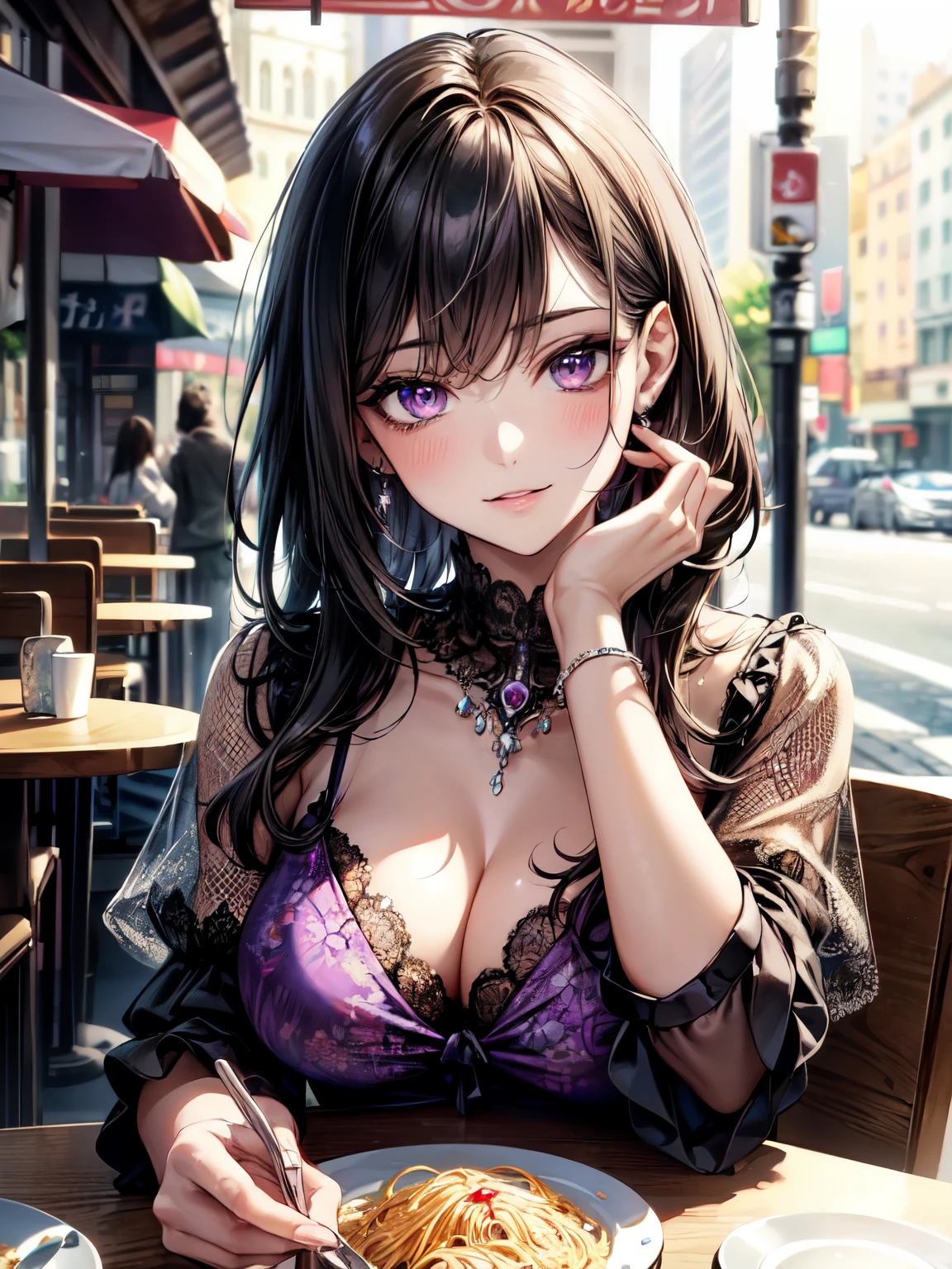 (RAW photo:1), (best quality:1.3), (masterpiece:1.3), (ultra-detailed:1.3), (beautiful:1), (beautiful detailed eyes:1.1), (extreme detailed illustration:1.3), (professional lighting, face lighting:1.2), (perfect anatomy, left to right balance, Perfect Hands,Perfect Fingers,Perfect Limbs,Perfect Body,Correct Human Body, beautiful eyes:1.3), soft light, beautiful body, (25 years old: 1.2), (Glossy smooth hair, black hair:1.3), (short bob:1.3),(purple eyes:1.2), beautiful lawyer, professional and calm demeanor, extreme detailed illustration, (portrait of a person, DSLR style, shallow depth of field, background blur, bokeh effect, f/1.8:1.1), 1girl, (smile:1.2), (cute:1.2), cool, twenties, looking at viewer, wearing trendy outfit, black and purple abstract print pattern, Tie-dye pattern, long sleeve sheer mini dress,   sleeve mini dress, Silver chain necklace, piercings, silver bracelet, breat, person enjoying pasta lunch, outdoor cafe setting, vibrant city atmosphere, photorealistic, detailed focus on pasta dish, wide angle
