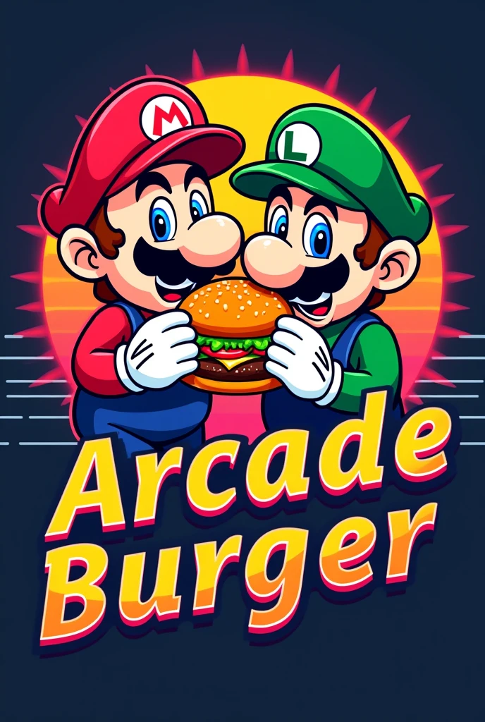 Create a logo called Arcade Burger Py with Mario Bros eating a burger 