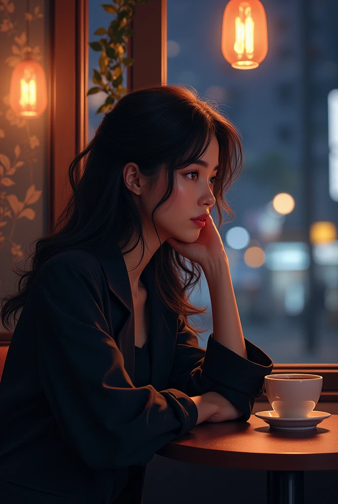 Night Cafe、Beauty、Looking outside、university student、Stylish、woman、Wavy Hair、Cheek resting on hand、2D