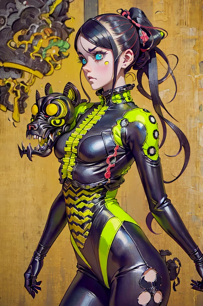 Girl in black and yellow techwear, Circular neon background,whole body, (masterpiece), (High resolution), (Very delicate), scribble, nightmare, Doll-like face, Manga style, rough sketch, Horror elements, Comic style illustration, Japanese painting, (Spooky), Japan sculpture, crazy illustration, antique, Dark atmosphere, Flat Illustration,Spookyな外観, Distinctive messy hairstyle, creative accessories, Unique atmosphere
