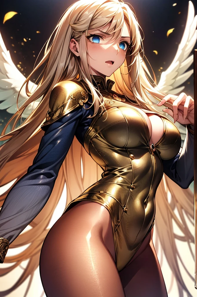 Masterpiece,Highest quality,8k,Ultra-high resolution,appropriate margins,Perfect hands,Perfect Fingers,Perfect human body,((Cowboy Shot)),BREAK,Bright expression,(1 person),(The most beautiful mature angel women),Slim body,((Big Breasts)),Moisturized Skin,Fair skin,BREAK,(Golden Hair),Long Hair,Straight Hair,Thin eyebrows,BREAK,Blue eyes,Light in the eyes,BREAK,Open your mouth a little,BREAK,((Angel clothing,Fantasy Costume)),BREAK,Glaring at the audience