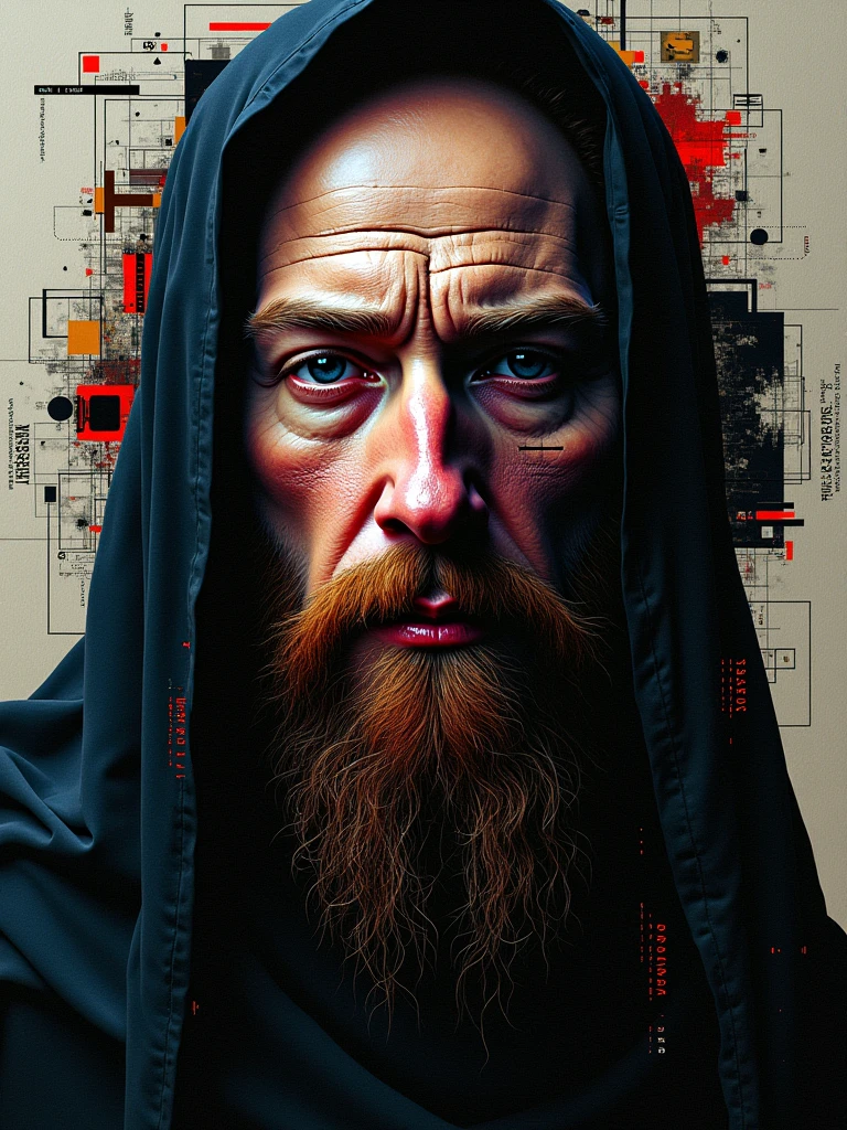 Hacker concept poster Albrecht Dürer's pixelated face painting like a hacker