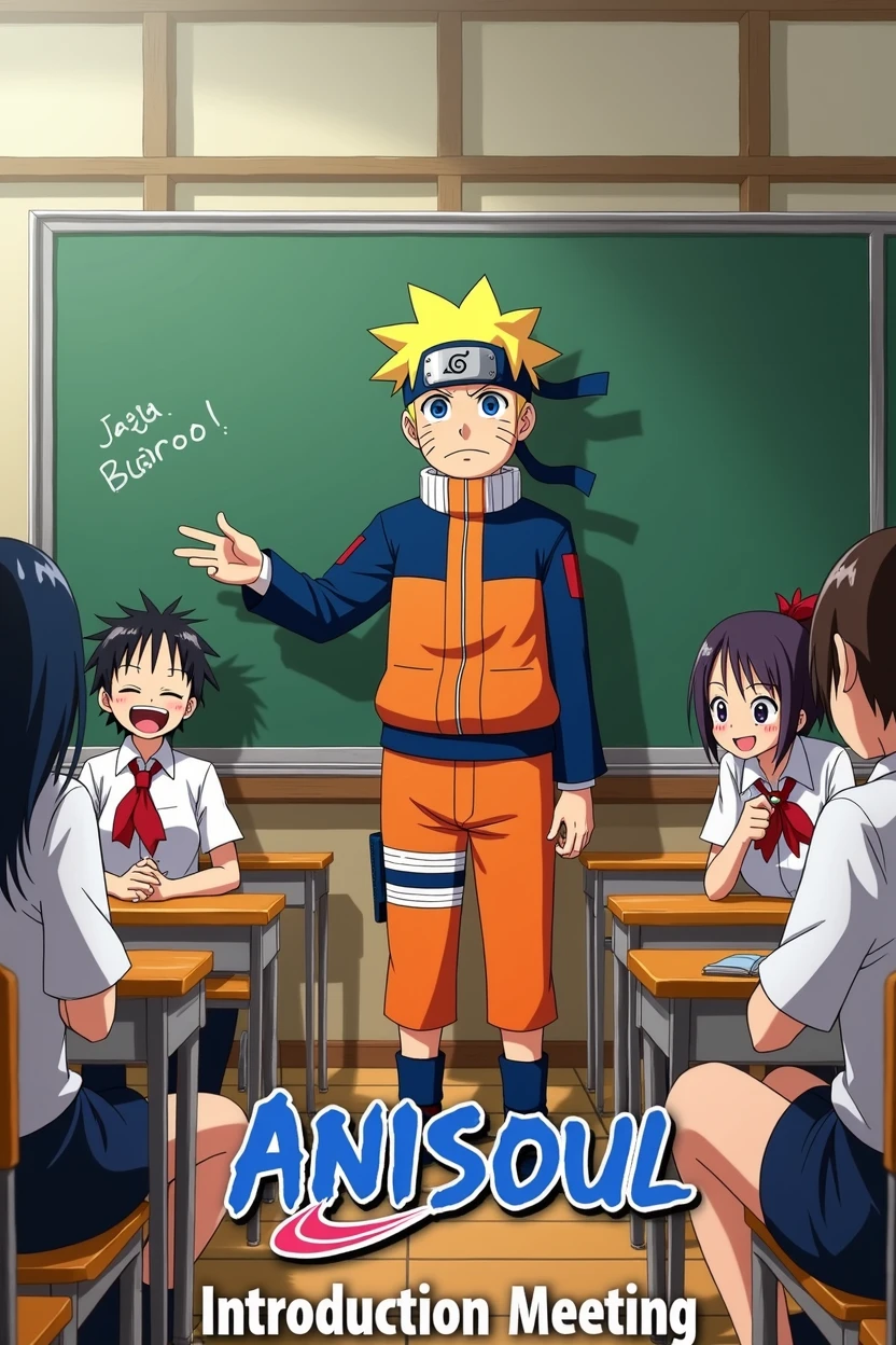 Create a poster for anime club Anisoul introducing meeting (in anime style photo)
( a class room image in which naruto is teaching in school uniform on board , luffy is laughing at his seat in his school uniform ,  gojo and sukuna are fighting in there school uniform 
And on centre downside of image write “Anisoul”
“Introduction Meeting””
