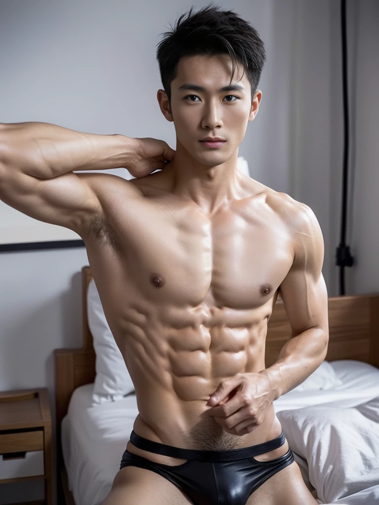 Chinese male actor in a briefs, handsome Chinese guy, handsome man, Full Body Shoot, photoshoot, portrait, look at camera, detailed facial parts, Manly, Charmer, Active Boy, standing, top tied up with rope, rope bondage, strangled with rope, harness, wrapped in leather straps, anguished expression, perfect anatomy, symmetric body, asian boy 30years old, shirtless :: high detail, asian, a little six packs attractive body, realistic, human skin, Short Hairstyle, handsome chad chin, shirtless, handsome, attractive, slightly muscular man, masculine, sexually attractive, human skin, (eyes contact), Handsome, Attractive, bulge in briefs, The crotch is raised