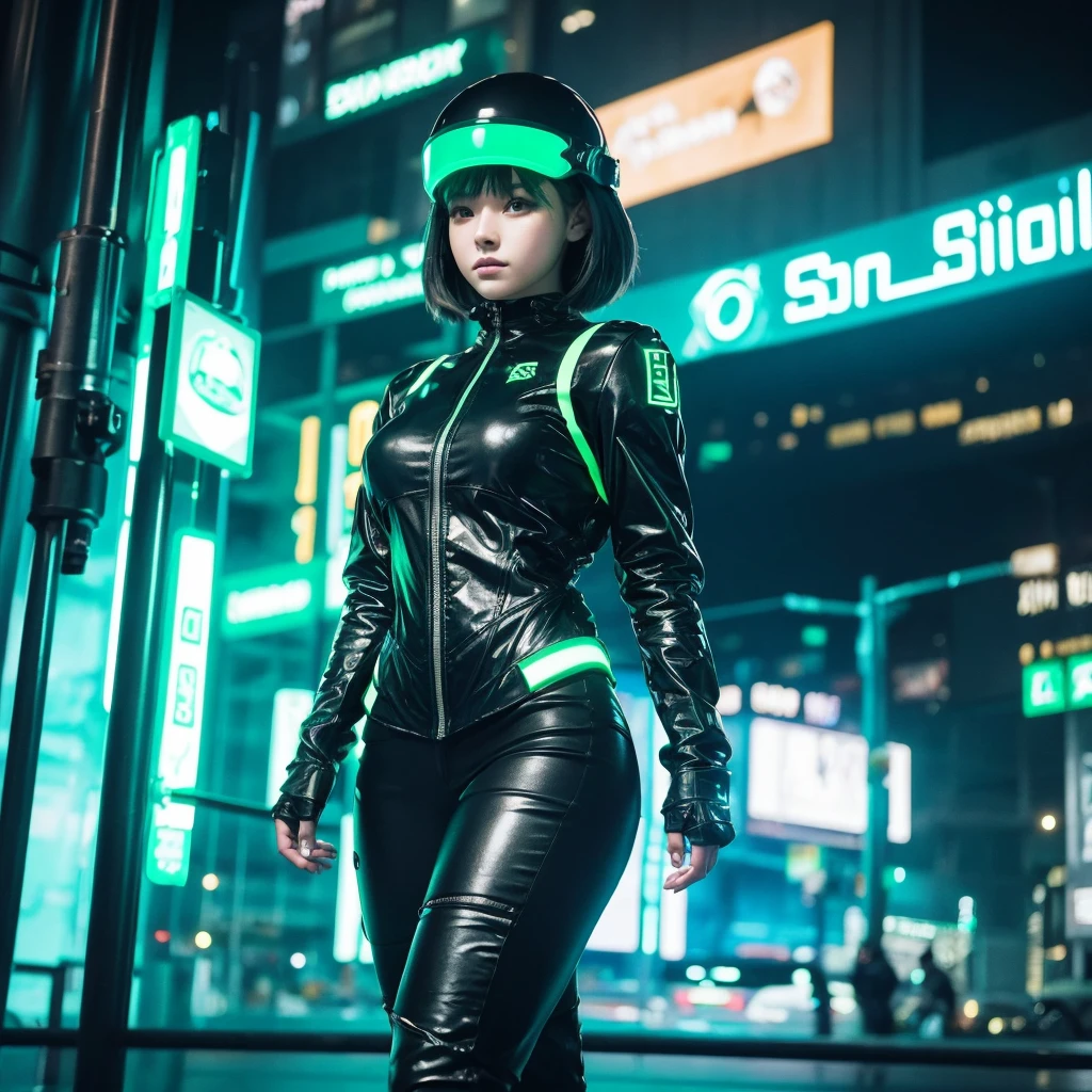 girl only the face, futuristic girl, futuristic clothing green & black, bright lights, futuristic city, neon city, masterpiece, Best Quality, 4k, realist, very aesthetic