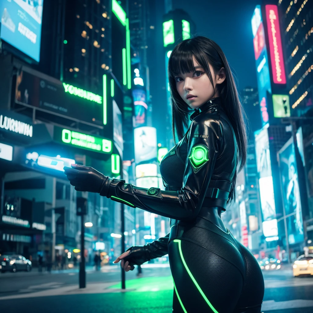 girl only the face, futuristic girl, futuristic clothing green & black, bright lights, futuristic city, neon city, masterpiece, Best Quality, 4k, realist, very aesthetic