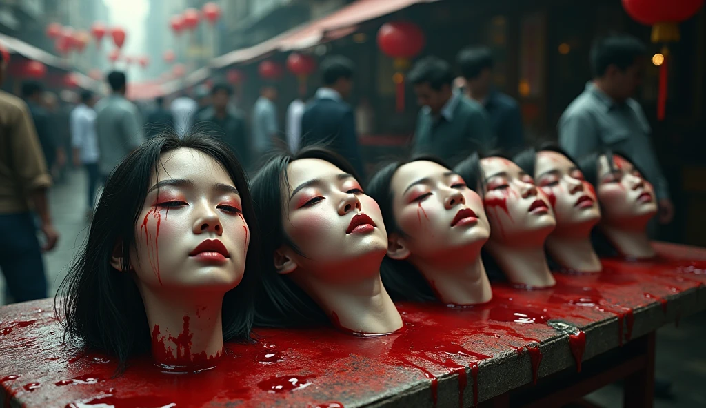 Horror, crazzy, Several decapitated heads of young woman, on a table, in a public market, full of blood, blood flowing, ((eyes one closed)), bleeding, photorealistic, 4K, Nikon, horror, pale face, public market, beautiful asian pale face, realistic, hyper realistic