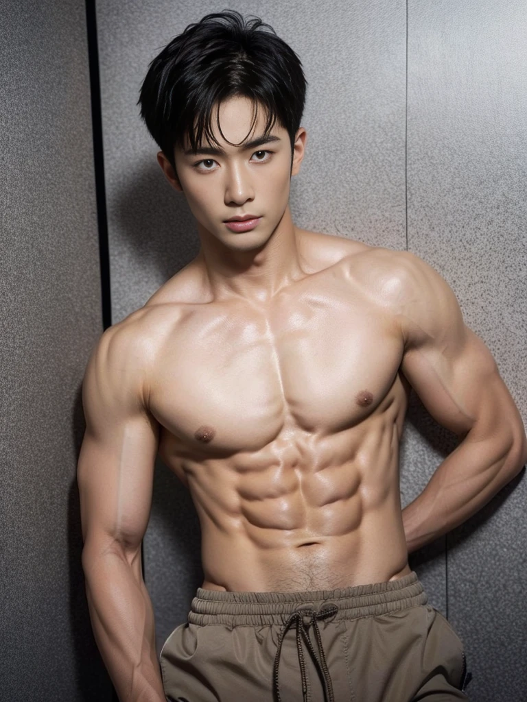 Chinese male actor in a briefs, handsome Chinese guy, handsome man, Full Body Shoot, photoshoot, portrait, look at camera, detailed facial parts, Manly, Charmer, Active Boy, standing, top tied up with rope, rope bondage, strangled with rope, harness, wrapped in leather straps, anguished expression, perfect anatomy, symmetric body, asian boy 30years old, shirtless :: high detail, asian, a little six packs attractive body, realistic, human skin, Short Hairstyle, handsome chad chin, shirtless, handsome, attractive, slightly muscular man, masculine, sexually attractive, human skin, (eyes contact), Handsome, Attractive, bulge in briefs, The crotch is raised