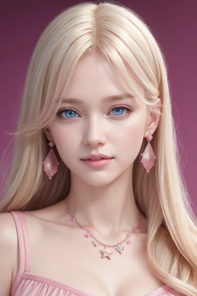 1girl,star blue eye,blush,perfect illumination,upper body,3DMM,blonde hair,long hair,jewelry,gradient pink background,pink dress,earrings,pink dress,realistic,necklace,looking at viewer,tiara,pink lips,light smile,unreal engine,side lighting,detailed face,bangs,bright skin
