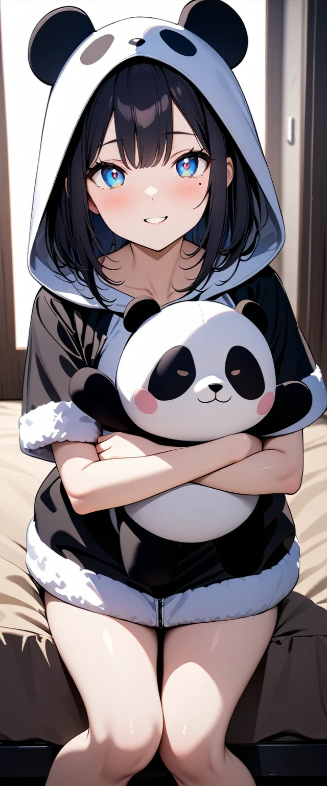 (Highest quality),(masterpiece), 8k,Very detailed, Detailed light, Best Shadow,Detailed reflective eyes, Very detailedな顔,Shiny Hair,(1 girl:1.2),woman,Gloss,Black Hair,smile,Beautiful fingers,Beautiful Hands,whole body,blue eyes,(Medium length hair:1.2),thin,Mole under the eye,Panda costume,(Panda Stuffed Animal:1.2),(大きいPanda Stuffed Animal:1.2),Hug a stuffed animal,Bedroom,