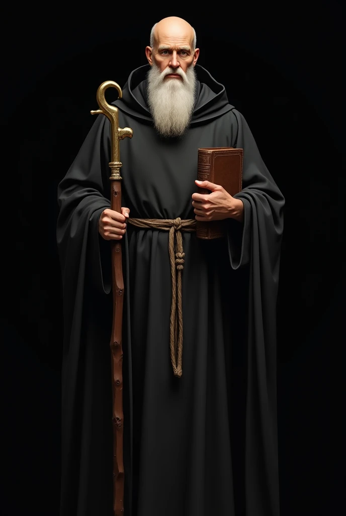 I want an image of Saint Benedict with a black background, Saint Benedict was a bald Catholic monk with a large white beard., he wore a black monk's robe with a hood over his head, he always walked around with his staff that had a hook on the end, He always walked around with a Bible on his arm and around his head he had an angelic ring