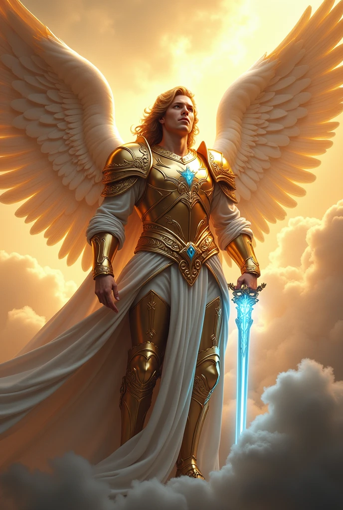 (super realistico) (supreme image quality) (work of art)(beautiful face)
"Create an image of Archangel Michael, depicted as a majestic, protective figure with large, resplendent wings. He is dressed in shining armor and holds a blue light sword.. the background is heavenly, with soft clouds and a golden aura around him. The image must convey power, protection and a sense of divine peace."