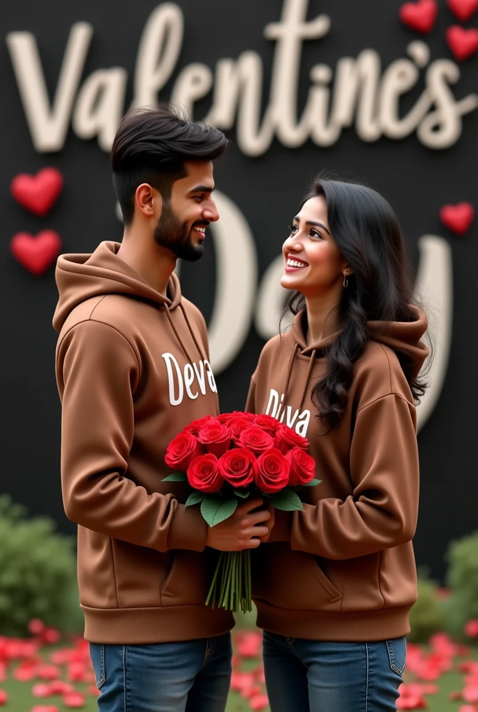 Realistic Pakistani 22-year-old boy and 20-year beautiful girl smile in giving in a bundle of roses with a boy coffee color top and jeans in the park with Happy Valentine's Day and chocolate and an on, Wearing a coffee hoodie named " Deva" boy, The girl is also wearing a brown hoodie on which "Divya" is written in white color, Black background with big capital letter name " Valentine day", loving mood, 3D realistic photo.Best gifts for your loved ones