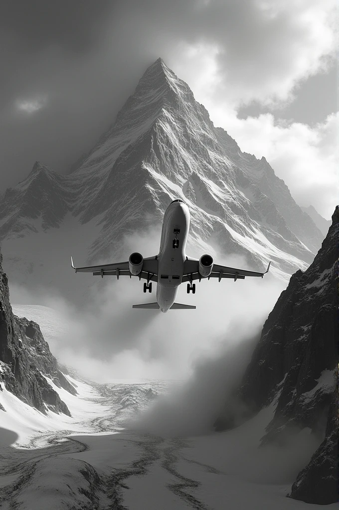 give a black nd withe photo of airplane gonna crash into a beautiful mountain