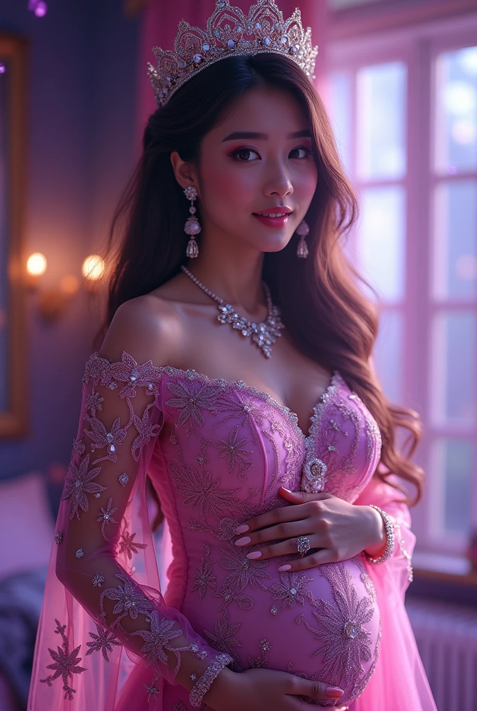 ((Highest quality、Flying debris、8k、Best image quality、Extremely intricate and detailed))、(The most gorgeous high-end prostitute princess:1.1)、(The most gorgeous prostitute princess&#39; finest outfit:1.1)、The most vibrant and luxurious prostitute costumes、(An unimaginably luxurious goddess&#39; room:1.1)、(Sparkly purple and pink princess room:1.1)、The most luxurious purple and pink room、Purple and pink gemstones、A glittering room decorated with many jewels、Night room、Very intricate decoration、A very transparent goddess&#39; room、Perfect Makeup、Long eyelashes、lipstick、Pink Eyeshadow、Perfect Anatomy、Ultra-high definition glossy skin、Ultra-high definition glossy lips、Ultra HD Hair、Ultra high definition beauty face、Ultra-high definition sparkling eyes、Long Hair、(A beautiful, captivating smile staring at me:1.1)、Very slightly pregnant