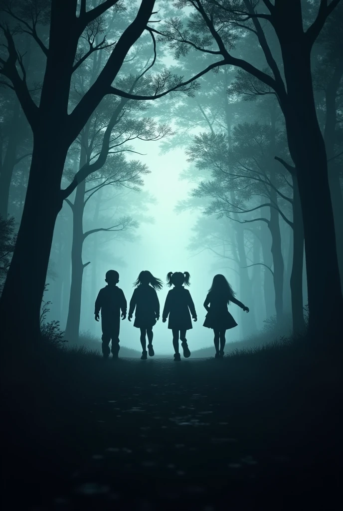 The silhouettes of four children running away in a dark forest are also scary
