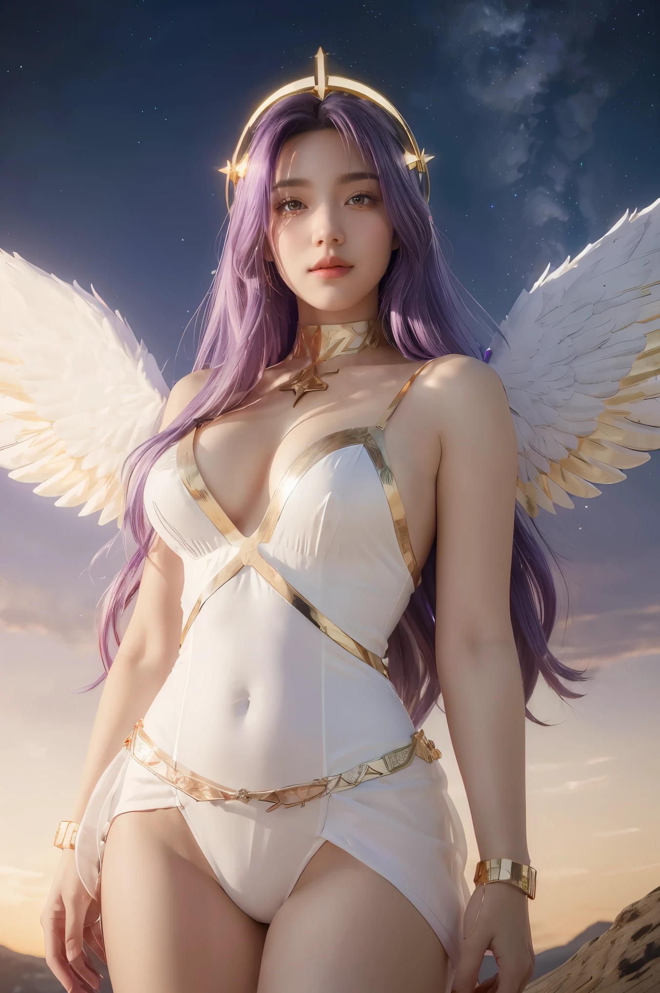 ((masterpiece, best quality, extremely detailed), volumetric lighting, ambient occlusion, colorful, glowing),
1girl, solo, young girl, (purple hair), long hair, halo, aura, sacred, goddess, cleric suit, (white outfit with gold detailst:1.3), angel wings,
outdoors, sunset, sky, clouds, space, (fantasy theme:1.2),