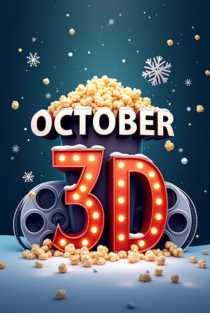 Logo of the cinema OCTOBER 3d with film and popcorn in snowflakes