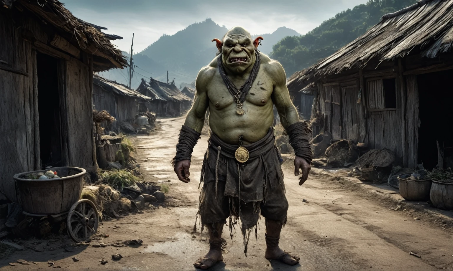 A Chinese orc in dirty torn clothes stands in the middle of a droga in the village. On the side of the road there are old huts, a broken cart. The orc is bald, its body is wrinkled, its hair is disheveled, and a dead bird lies next to it. A huge gold medallion with a precious stone hangs around his neck. An evil look, a slight grin, rotten teeth. An ominous landscape, authentic, hyperrealistic. Detailed eyes. Resolution 16K,Nikon Z9, digital photography, ultra textured leather, Realistic photography, Cinematic effect, soft light, soft shadows, high quality volumetric lighting