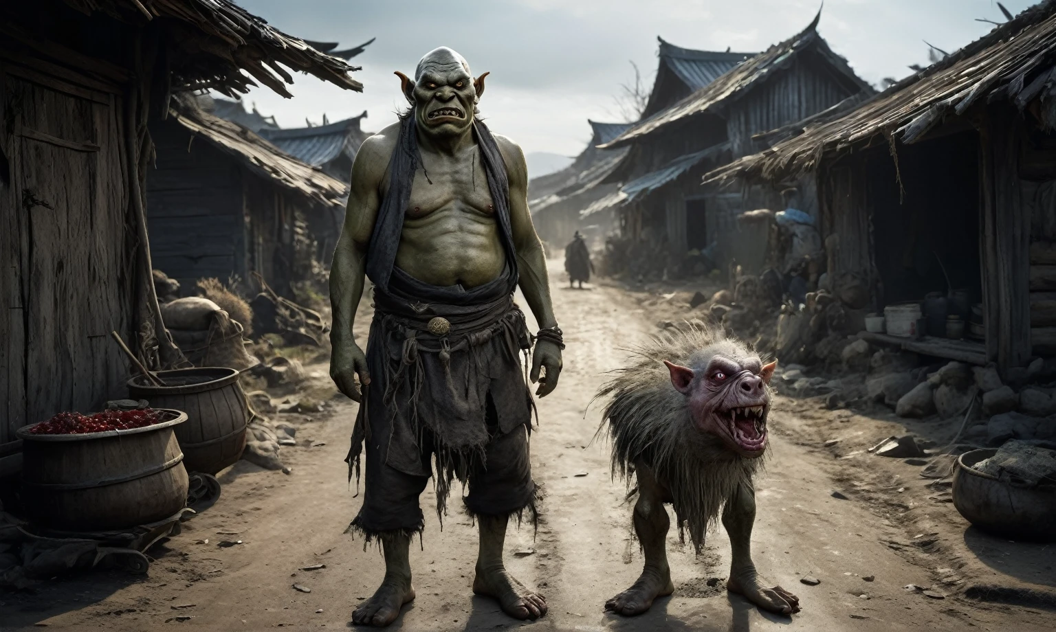 A Chinese orc in dirty torn clothes stands in the middle of a droga in the village. On the side of the road there are old huts, a broken cart. The orc is bald, its body is wrinkled, its hair is disheveled, and a dead bird lies next to it. A huge gold medallion with a precious stone hangs around his neck. An evil look, a slight grin, rotten teeth. An ominous landscape, authentic, hyperrealistic. Detailed eyes. Resolution 16K,Nikon Z9, digital photography, ultra textured leather, Realistic photography, Cinematic effect, soft light, soft shadows, high quality volumetric lighting