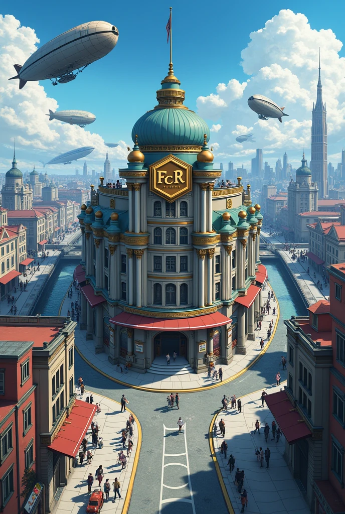 A big city with airships in the sky, trains on the lines, a busy traffic, sidewalks with pedestrians, small shops, a river cutting through the city, and a building that looks like a train station with a sign that says F.c.R, with a golden hexagon logo, with several people going to her. In steampunk anime style