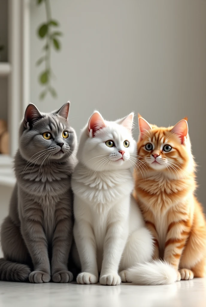 A grey British cat , a white british cat, a long-haired orange persian cat together