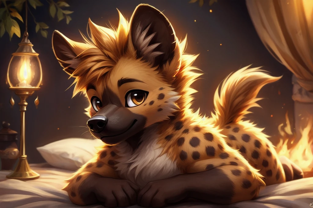 masterpiece，Cute Hyena，male，I&#39;m not feeling well，Lying face up in bed with a high fever，Red cheeks，I&#39;m feeling unwell and it&#39;s hard，Highest quality，Brown eyes，feet，hair，White Background，Manga Style，白hair